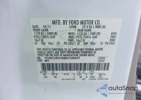 2011 Ford Escape Hybrid from USA, damaged, VIN 1FMCU5K39BKC06037